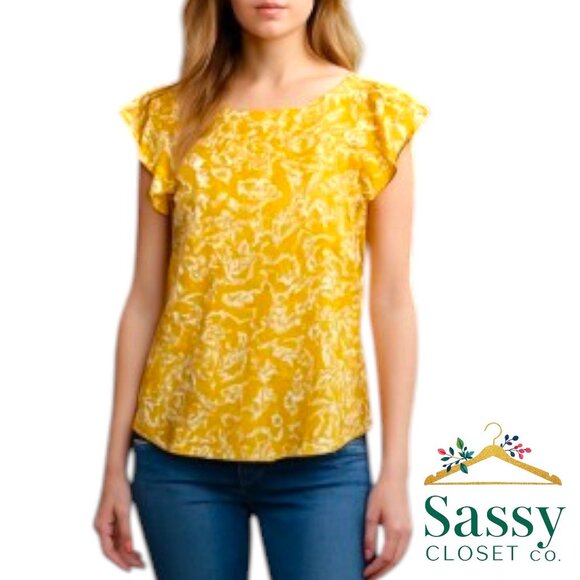 LOFT Top – Fall Capsule Staple, Gold Ruffle Blouse, Sz MP - Picture 1 of 6